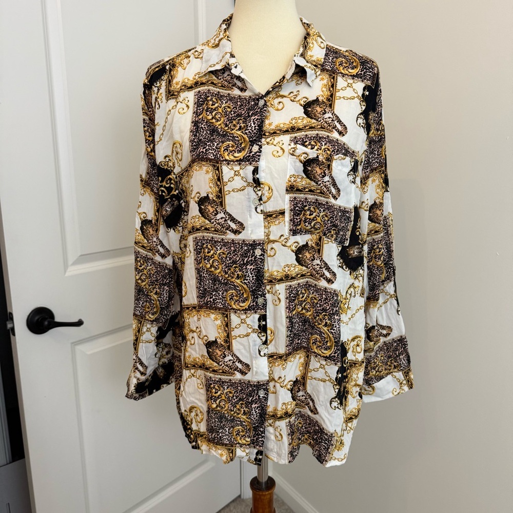 Grand‎ & Greene Leopard Print Blouse Sz 1X